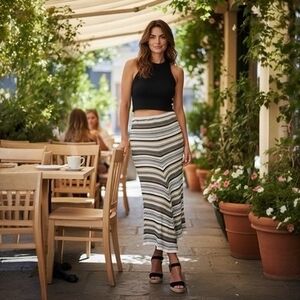 Italian Ribbed Knit Midi Skirt Black White Olive Striped One Size 4-10 Italy VG